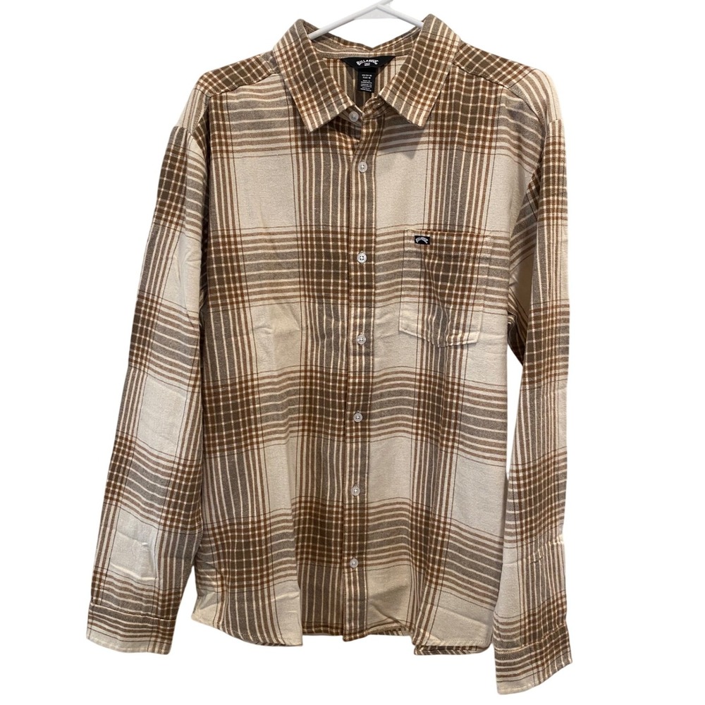 Billabong Dallas Plaid Button Up Shirt Men's Medium Long Sleeve Tan Cream NWT